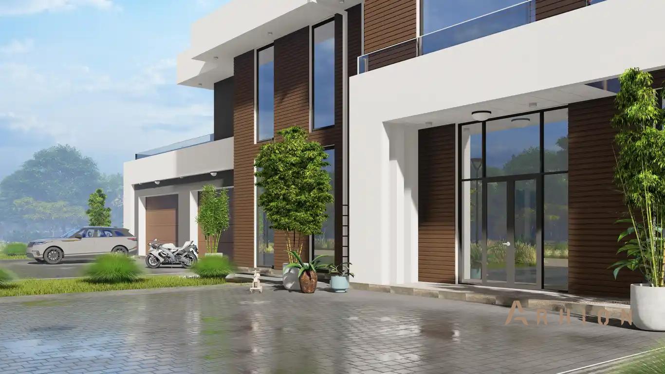 3. Проект двухэтажного дома в стиле хай-тек с плоской кровлей , h-1603, площадью - 639 кв c терассой, балконом, гаражом, вторым светом